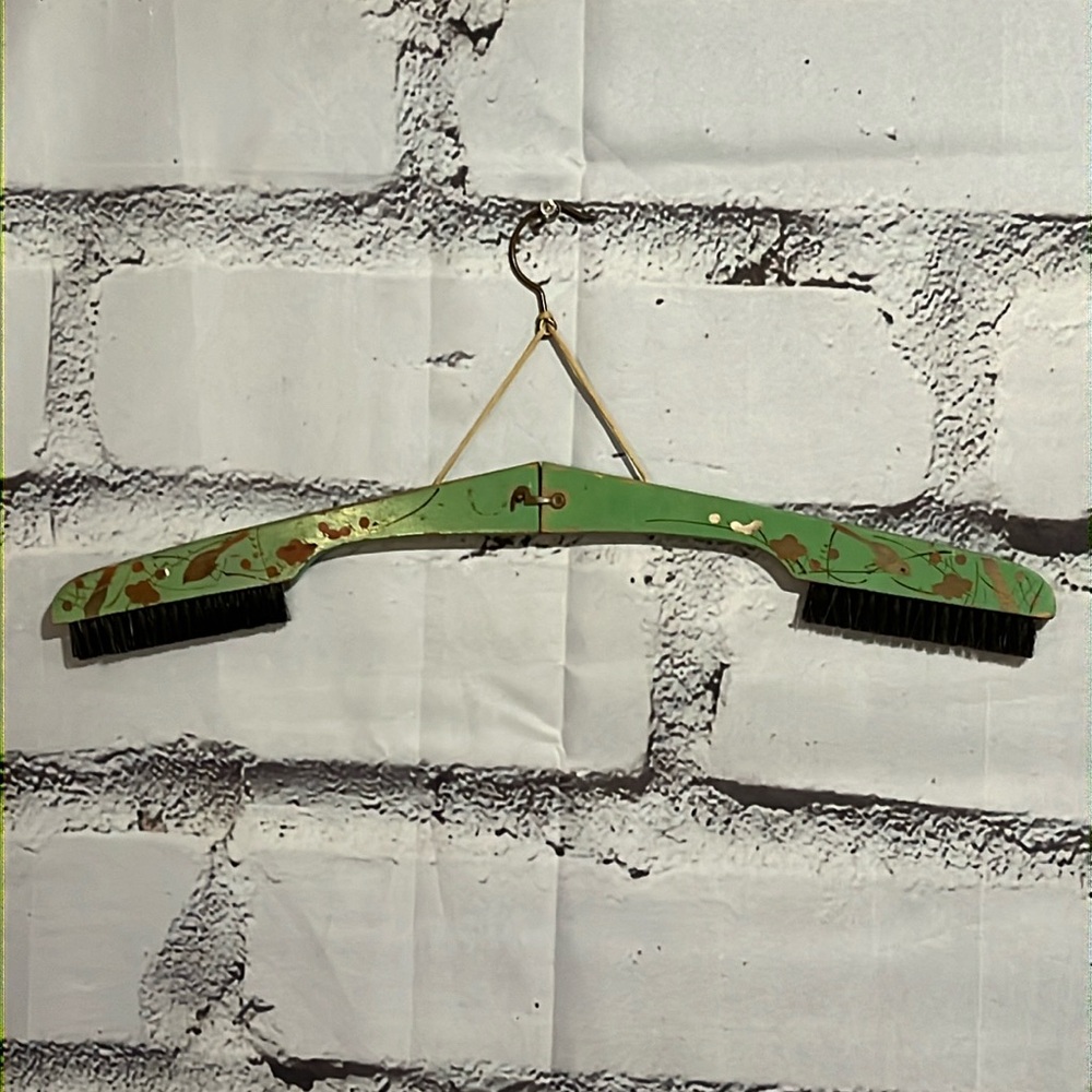 VINTAGE HAND-PAINTED WOODEN FOLDING SUIT, COAT CLOTHING HANGER LINT BRUSH, JAPAN